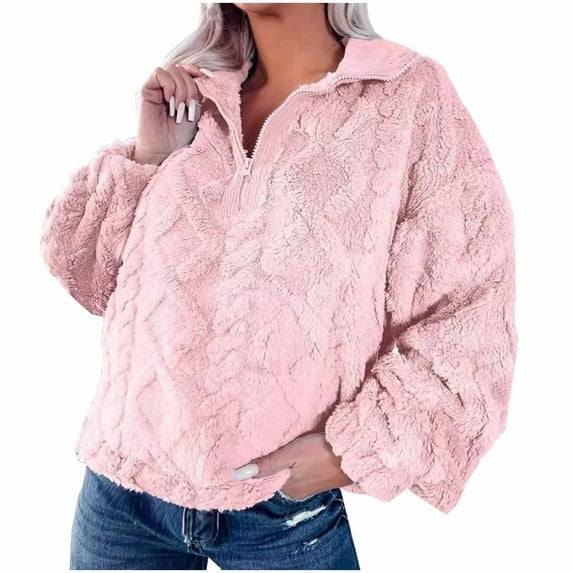 Lovskoo Women's Fuzzy Fleece Sweatshirt Fashion Winter Warm Half Zipper Lapel Collared Solid Color Long Sleeve Coat Pink