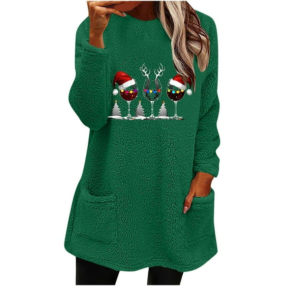 Lovskoo Women's Fuzzy Fleece Sweatshirt Pullover Tops Crewneck Long Sleeve Pocket Printed Winter Thick Warm Plush Top Green
