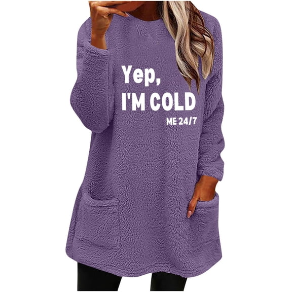 Lovskoo Women's Fuzzy Fleece Sweatshirt Pullover Tops Crewneck Long Sleeve Pocket Printed Winter Thick Warm Plush Top Purple