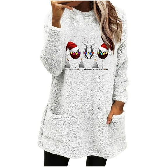 Lovskoo Women's Fuzzy Fleece Sweatshirt Pullover Tops Crewneck Long Sleeve Pocket Printed Winter Thick Warm Plush Top White