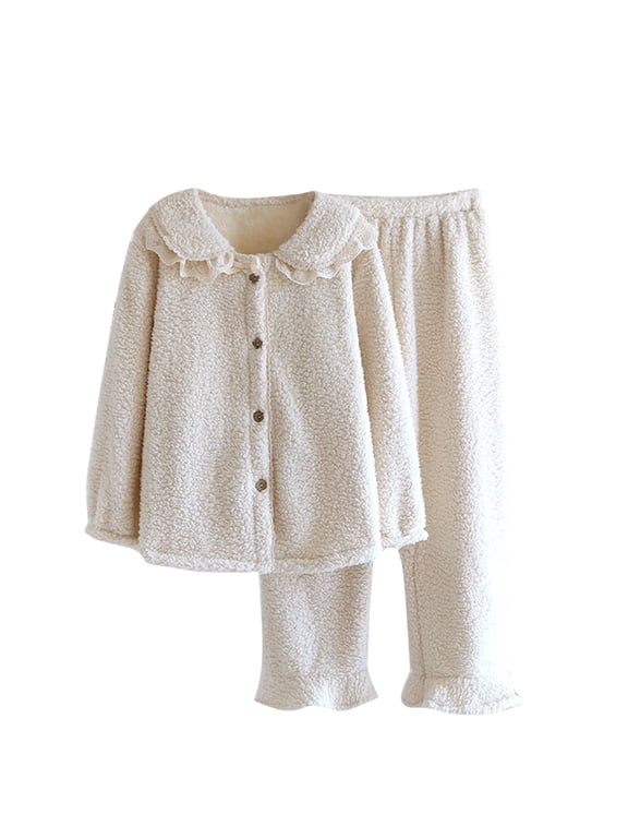 Women's Fuzzy Lounge Casual Cute Pajamas Sets Long Sleeve Plush Thick Warm Home Clothes Pajama Set Beige