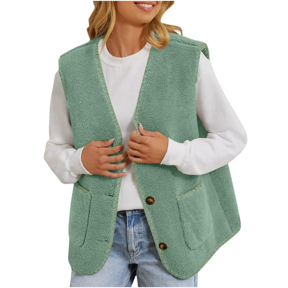Lovskoo Women's Fuzzy Sherpa Fleece Crop Vest Casual Solid Color Sleeveless Warm Jacket Button Up Fall Winter Outerwear Green