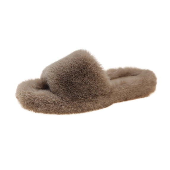 Lovskoo Women's Fuzzy Slippers Open Toe 2024 New Spring Summer Cozy Fluffy Shoes Warm Indoor Cotton Slippers Khaki