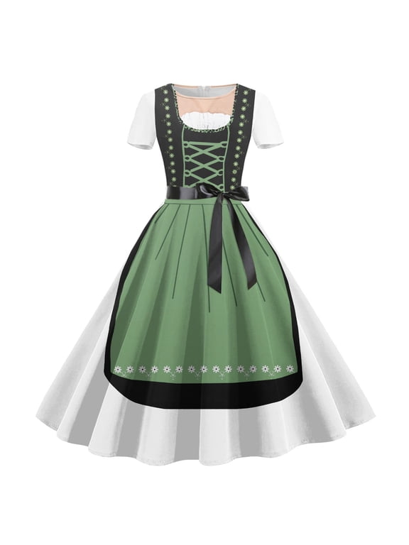 Women's German Dirndl Dress Evening Gown Casual Loose Short Sleeve Loose Dress Oktoberfest Print Classic Print Dress Green