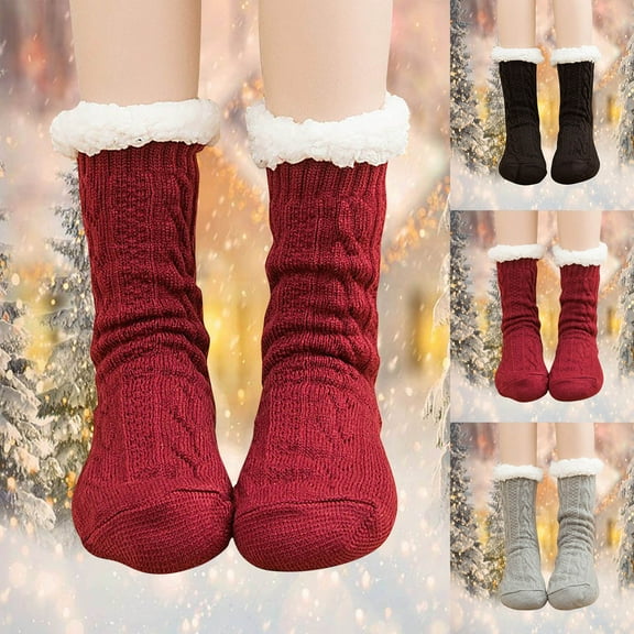 Lovskoo Women's Girls Winter Christmas Coral Velvet Socks Solid Thicken Warm Non-Slip Combed Tube Socks Floor Mid-Calf Socks Black