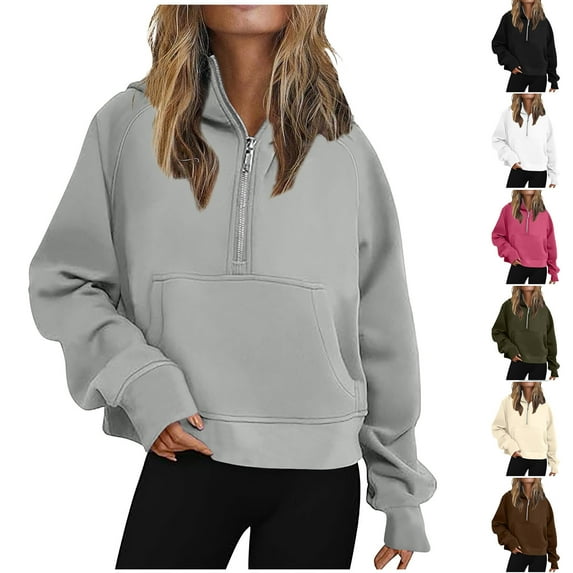 Lovskoo Women's Half Zip Cropped Hoodies Sweatshirt Fleece Lined Pullover Lapel Collar Winter Clothes 2023 Outfits Outerwear Coat Black