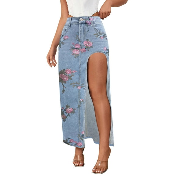 Lovskoo Women's High Split Denim Skirt High Waist Printed Thigh Long Maxi Skirt White