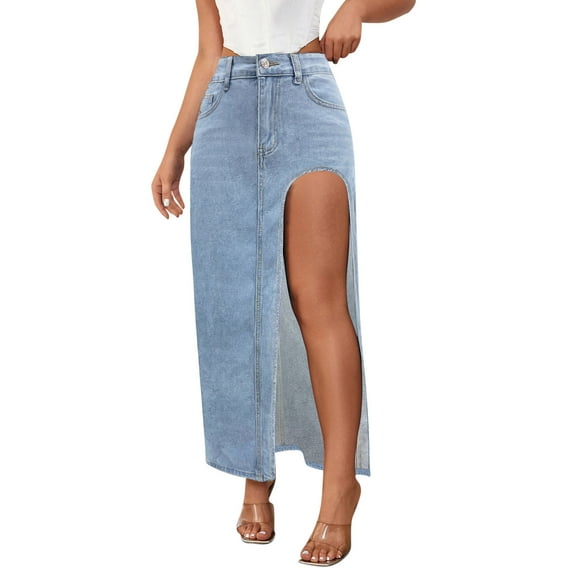 Lovskoo Women's High Split Denim Skirt High Waist Solid Thigh Long Maxi Skirt Light Blue