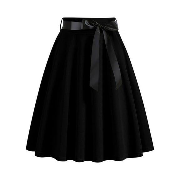 Lovskoo Women's High Waist A-Line Pockets Skirt Bow Tie Skater Flared Midi Skirt Vinage Skirt Black