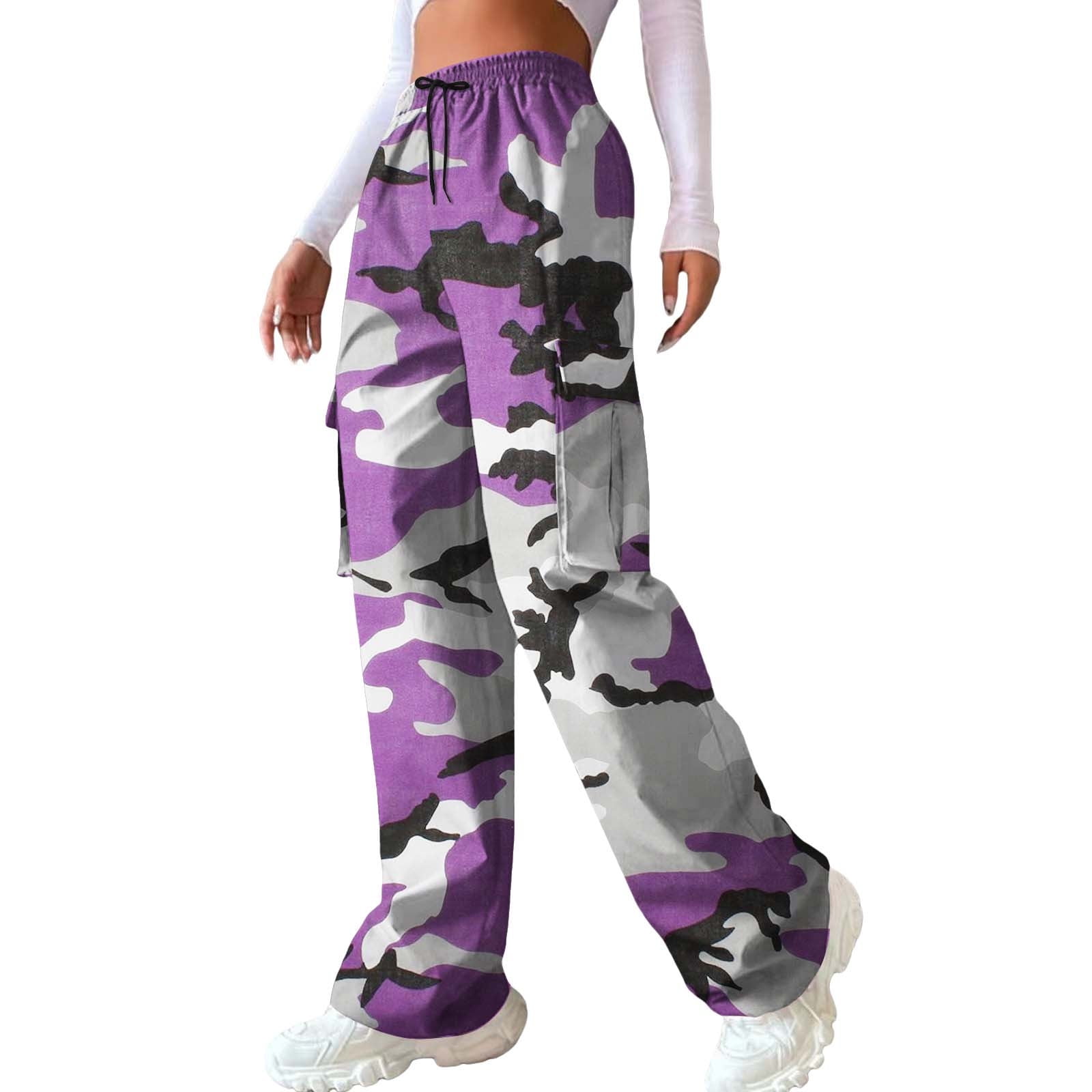 Women's High Waisted Cargo Pants Streetwear Drawstring Baggy Stretchy Pants with Pockets A-Purple