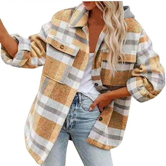 Lovskoo Women's Hooded Flannel Shirts Trench Coats Plaid Shacket Button Up Long Sleeve Collared Long Jacket Coats Khaki 2XL