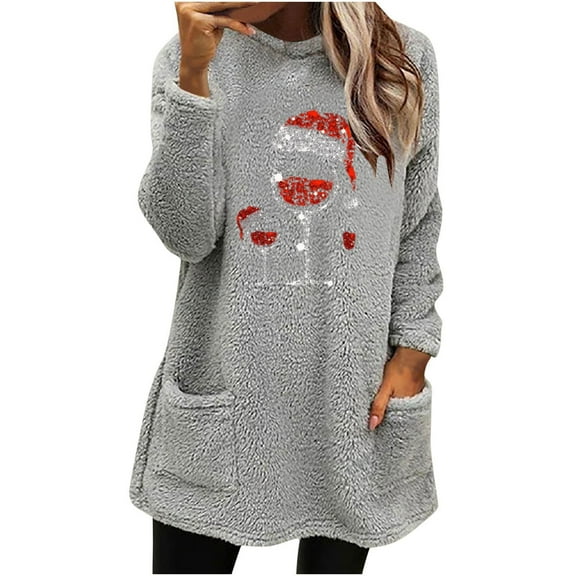 Lovskoo Women's Fuzzy Fleece Pullover Tops Round Neck Long Sleeve Pocket Printed Winter Thick Warm Plush Top Gray