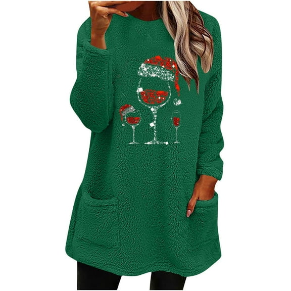 Lovskoo Women's Fuzzy Fleece Pullover Tops Round Neck Long Sleeve Pocket Printed Winter Thick Warm Plush Top Green