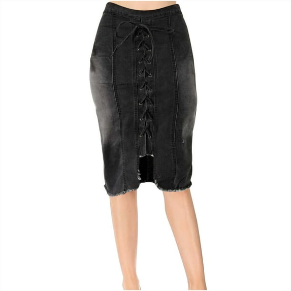 Lovskoo Women's Jean Skirts Lace Up Casual High Waist Bodycon Denim Pencil Skirt Gray