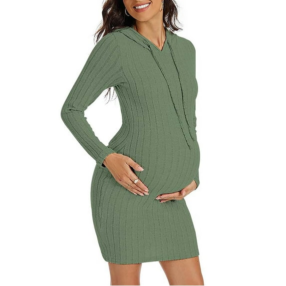 Zwiiyzr Women's Knit Ribbed Maternity Dress Drawstring Hooded Long Sleeve Pregnancy Clothes Hoodie Dress Green