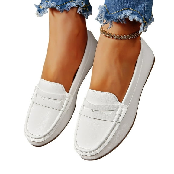Lovskoo Women's Leather Flats Shoes Leisure Loafers Shoes Slip On Work Shoes Comfort Walking Shoes White