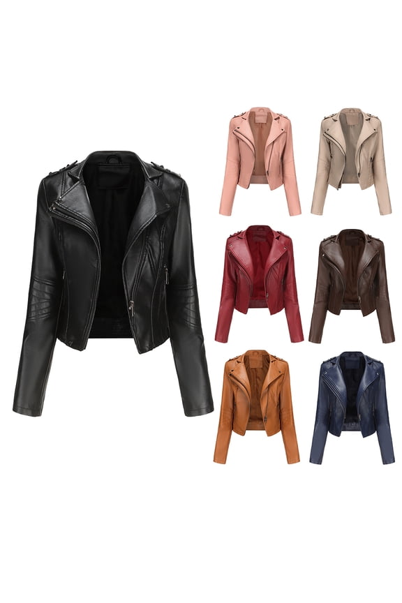 Women's Leather Jacket Casual Long Sleeve Printed Turndown Collar Zipper Jacket Motorcycle Jacket Navy