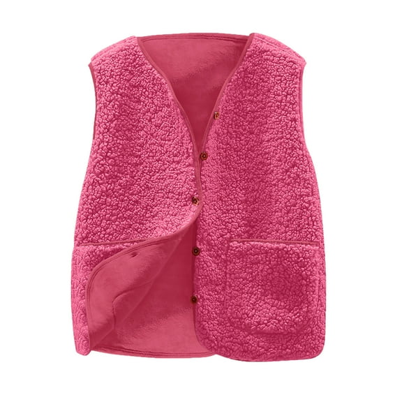 Lovskoo Women's Fuzzy Sherpa Fleece Crop Vest Casual Solid Color V Neck Sleeveless Warm Jacket Button Up Winter Outerwear Pink