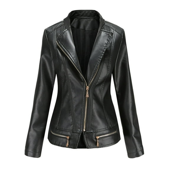 Lovskoo Women's Leather Jacket Long Sleeve Short Hoodless Faux Leather Outwear Lapel Jacket Motorcycle Jacket Black