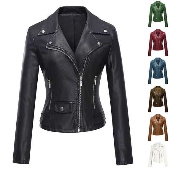 Lovskoo Women's Leather Jacket Long Sleeve Short Lapel Jacket Motorcycle Jacket Coffee