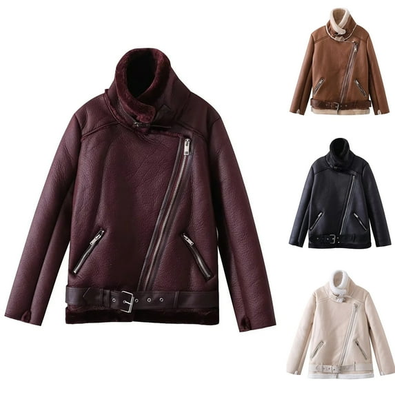 Lovskoo Women's Leather Jacket Long Sleeve Solid Stand-Up Collar Cardigan Outerwear Fleece Coat Motorcycle Jacket Coffee