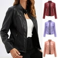 thumbnail image 1 of Lovskoo Women's Leather Jacket Long Sleeve Stand Collar Slim Fitting Motorcycle Jacket Claret, 1 of 6