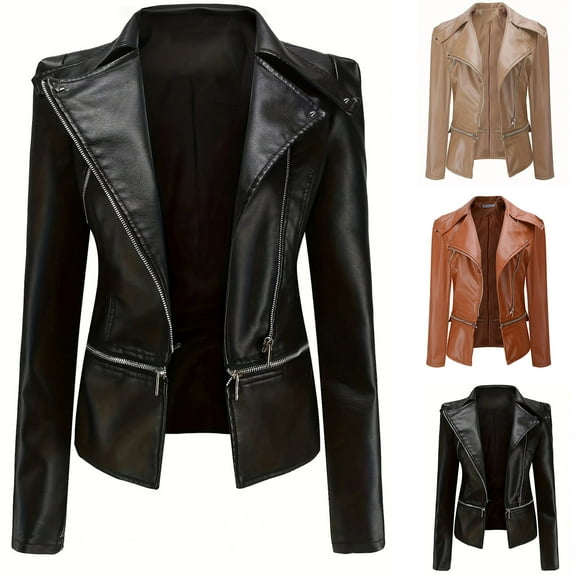 Lovskoo Women's Leather Jacket Slim Lapel Collar Long Sleeve Zip Motorcycle Belt Coat Jacket Claret