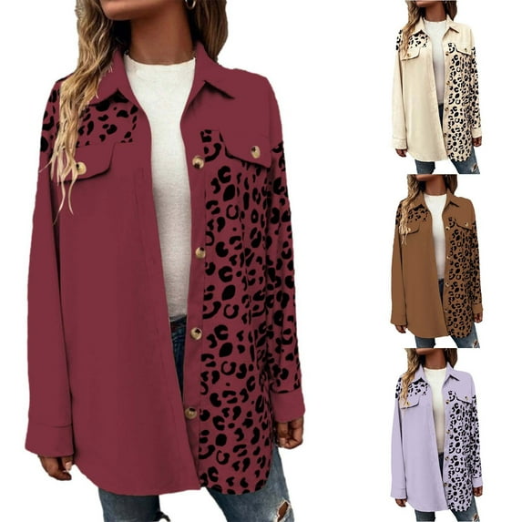 Lovskoo Women's Leopard Print Shacket Jacket Long Sleeve Button Down Shirts Mid Length Jacket Claret