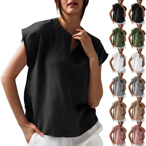 Lovskoo Women's Linen Shirts Cap Short Sleeve Loose Pollover Solid Color V-Neck Blouse Shirt Black