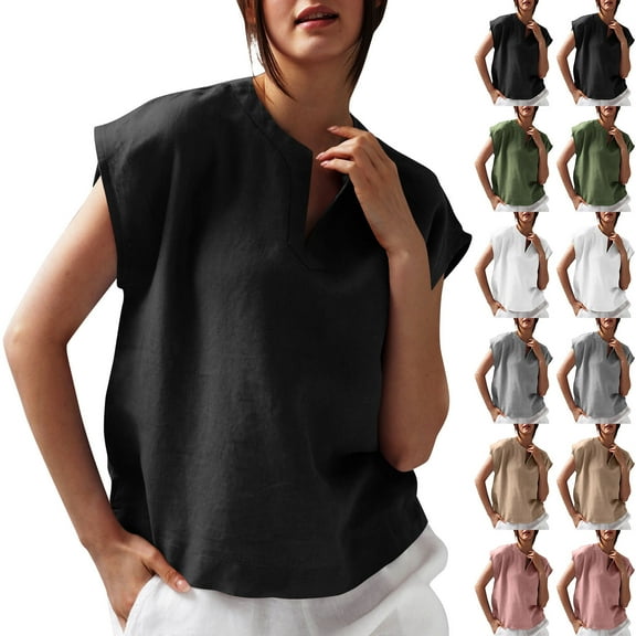 Lovskoo Women's Linen Shirts Cap Short Sleeve Loose Pollover Solid Color V-Neck Blouse Shirt Pink