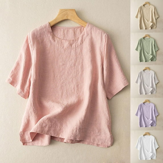 Lovskoo Women's Linen Shirts Short Sleeve Summer Loose Pollover Solid Color V-Neck Blouse Shirt Beige