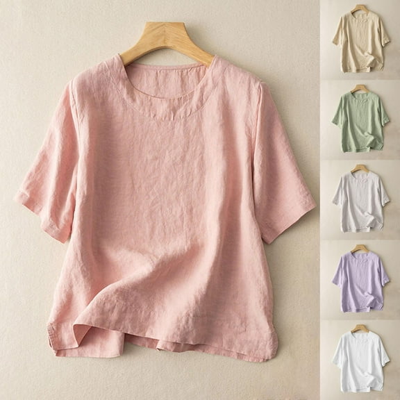 Lovskoo Women's Linen Shirts Short Sleeve Summer Loose Pollover Solid Color V-Neck Blouse Shirt Pink