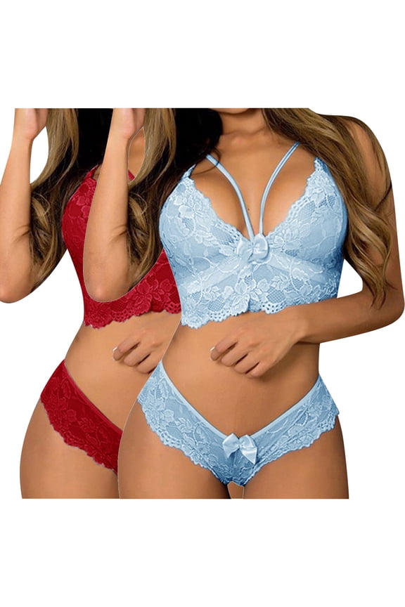 Women's Sleepwear Sets Bra and Panty Corset Lace Floral Bralette Bra Two Piece Underwear Sleepwears Outfits Gift for Valentine's Day Red