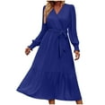 thumbnail image 1 of Lovskoo Women's Long Sleeve Boho Dresses V Neck with Belt Solid Color Flowy Maxi Dresses Tiered Blue, 1 of 8