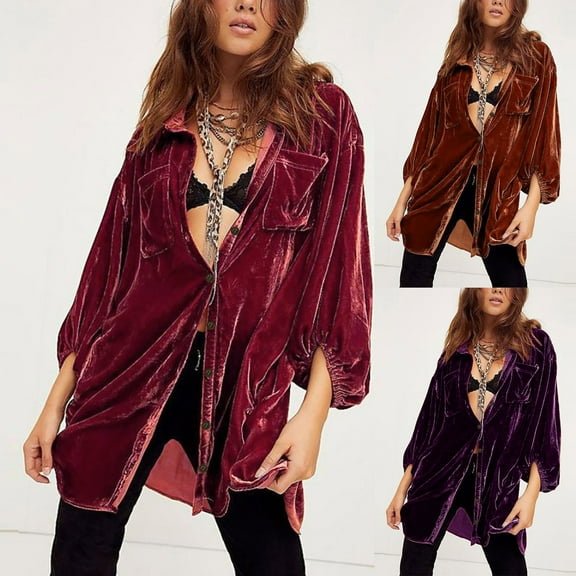Lovskoo Women's Long Sleeve Boyfriend Shirt Velvet Button Down Blouse Solid Color Oversized Basic Tunic Tops with Pockets Brown