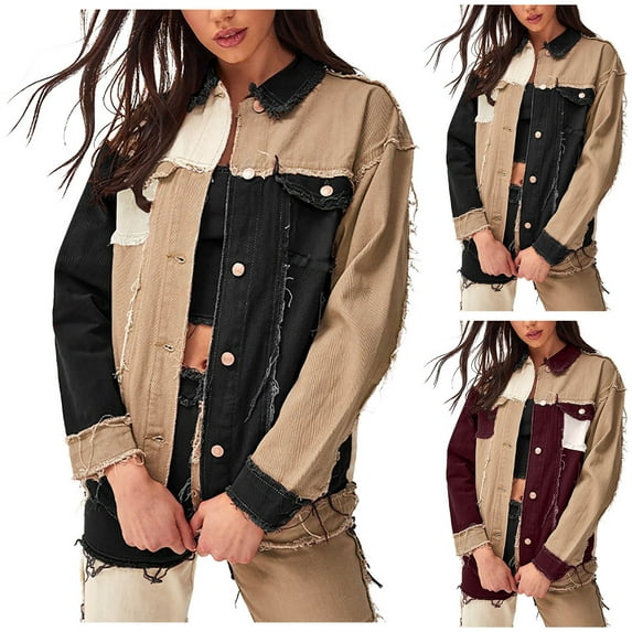 Lovskoo Women's Long Sleeve Denim Jean Jacket Button Down Shirt Distressed Spring Fall and Winter Color Block Denim Coat Black