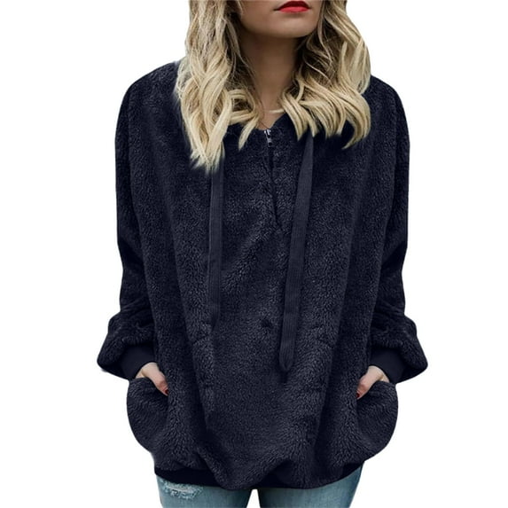 Lovskoo Women's Long Sleeve Sherpa Pullover Fuzzy Fleece Sweatshirt Hooded Sweater Winter Warm Quarter Zipper Pockets Cotton Coat Outwear Navy