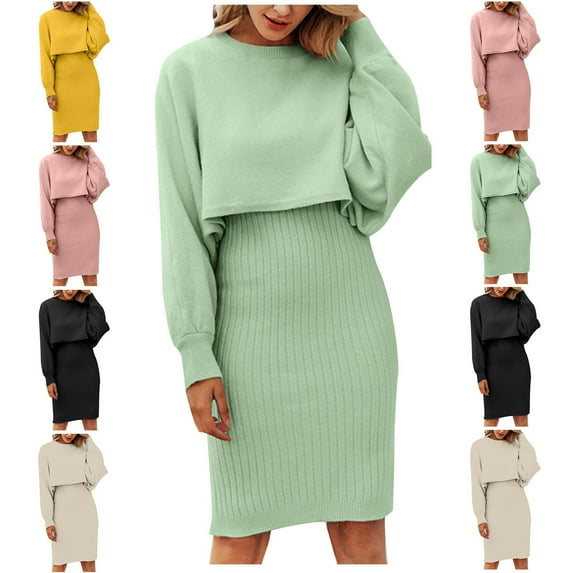 Lovskoo Women's Long Sleeve Sweater Dresses 2 Piece Outfits Sets Ribbed Knit Crop Tops and Tank Bodycon Midi Dress Pink