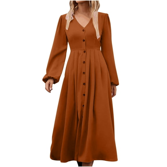Lovskoo Women's Maxi Dress A-Line Puff Sleeve V-Neck Button Up High Waist Solid Color Pleated Long Dress Gold