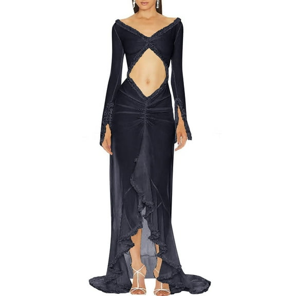 Lovskoo Women's Maxi Dress Ruffle Hem High Slit Dress Long Sleeve Cut Out Dress Solid Color Off The Shoulder Bodycon Wrap Cocktail Maxi Dress Black