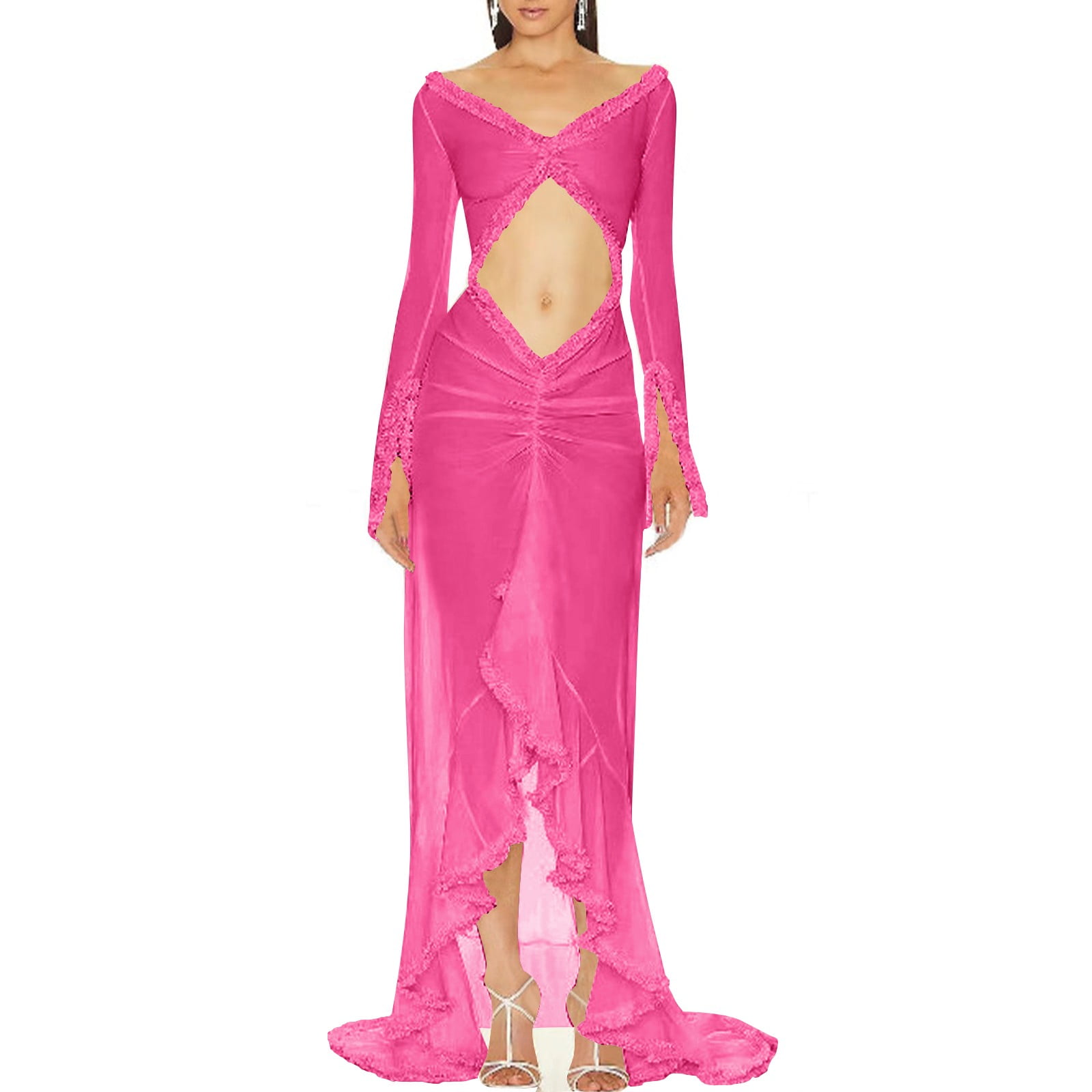 Lovskoo Women's Maxi Dress Ruffle Hem High Slit Dress Long Sleeve Cut ...