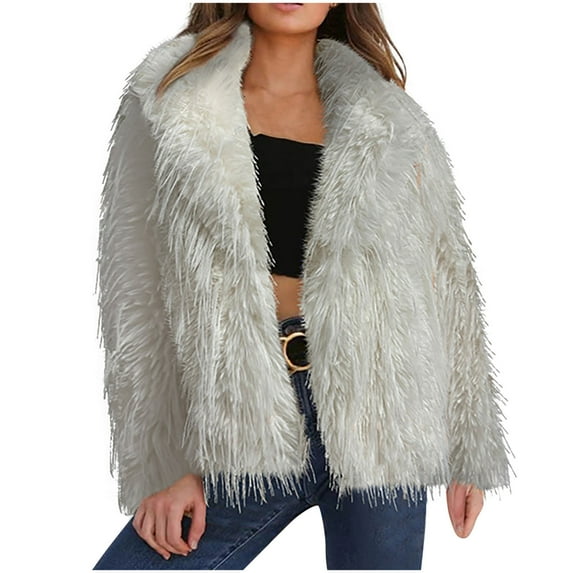 Lovskoo Womens Faux Fur Coat Winter Casual Oversized Lapel Jackets Warm Fuzzy Solid Color Outerwear White