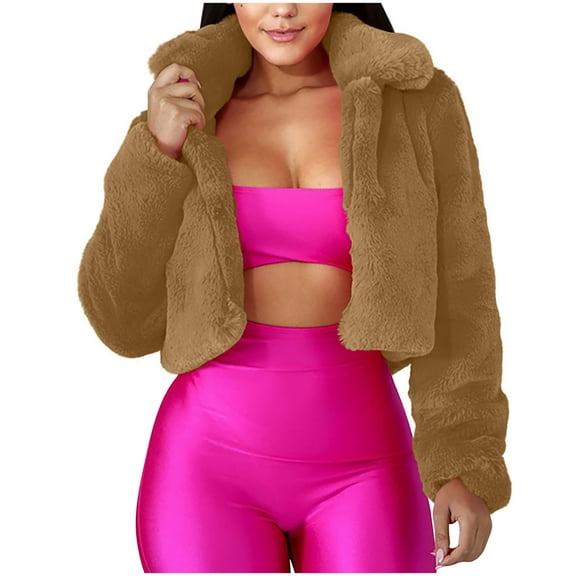 Lovskoo Womens Cropped Faux Fur Coat Winter Warm Fluffy Casual Lapel Jackets Warm Fuzzy Solid Color Outerwear Khaki