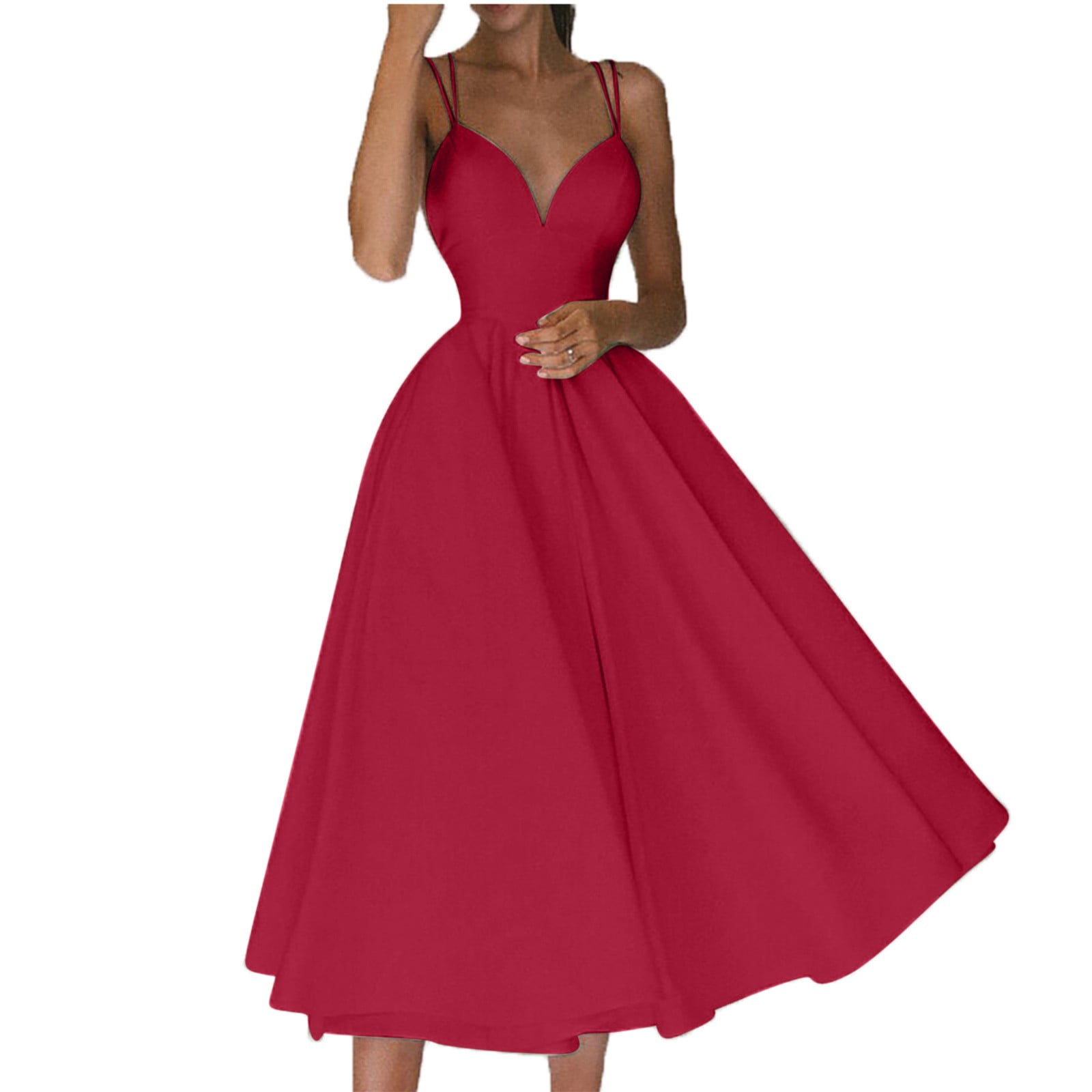 Lovskoo Women's Midi Prom Dresses Long Ball Gown Spaghetti Straps  Sleeveless V Neck Pleated Formal Party Evening Dress Red 2XL - Walmart.com