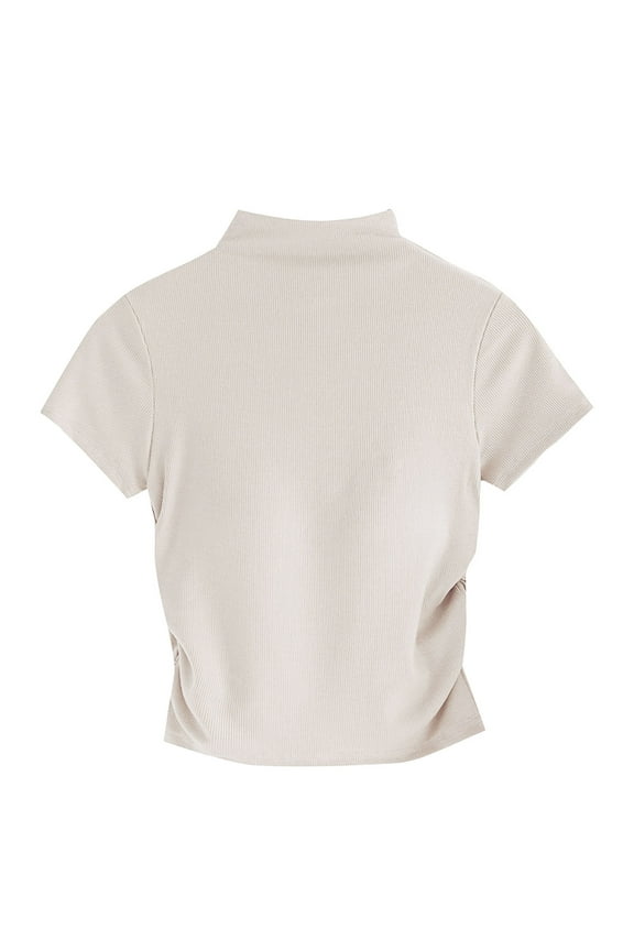 Women's Mock Turtle Neck Slim Short Sleeve T Shirt Ruched Tight Crop Tops Tee Summer Tops for Women 2024 Beige L