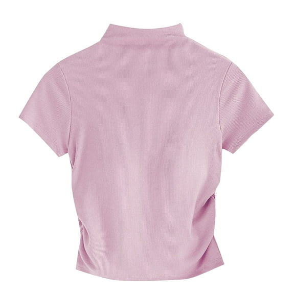 Lovskoo Women's Mock Turtle Neck Slim Short Sleeve T Shirt Ruched Tight Crop Tops Tee Summer Tops for Women 2024 Pink M