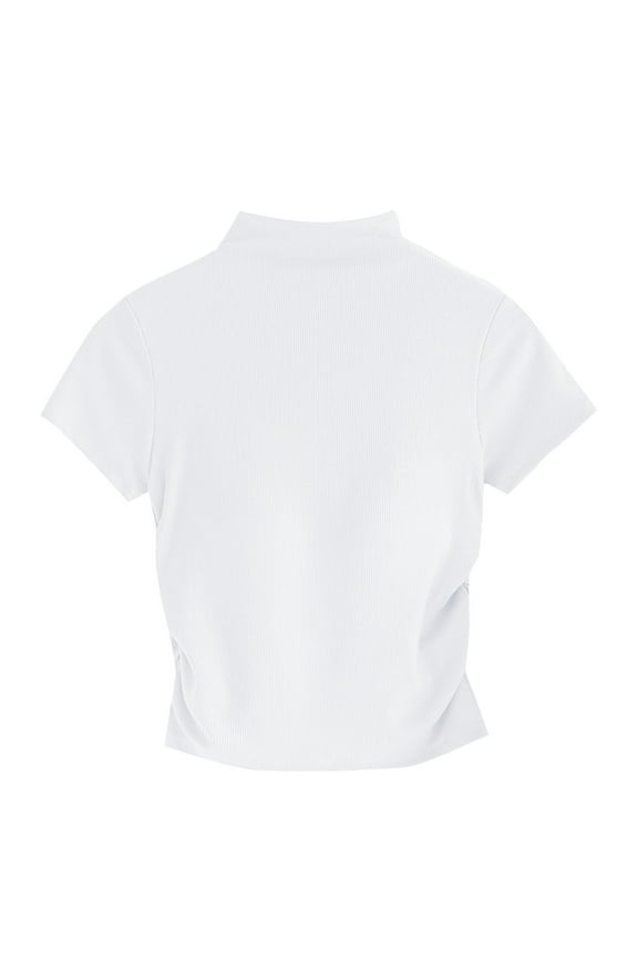 Women's Mock Turtle Neck Slim Short Sleeve T Shirt Ruched Tight Crop Tops Tee Summer Tops for Women 2024 White M