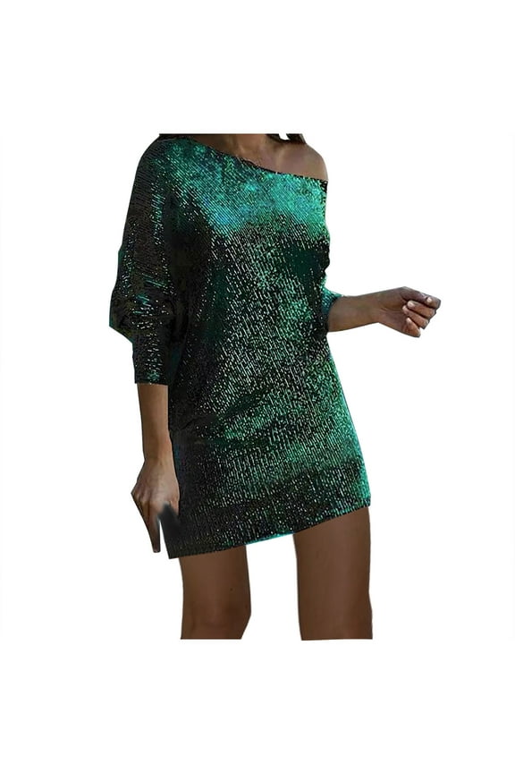 Women's Off Shoulder Sequin Dresses Long Sleeve Loose Casual Cocktail Party Dress Sparkly Glitter Short Mini Dress Green 2XL