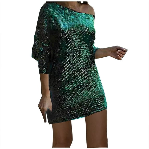 Lovskoo Women's Off Shoulder Sequin Dresses Long Sleeve Loose Casual Cocktail Party Dress Sparkly Glitter Short Mini Dress Green L