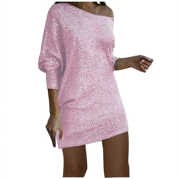 Lovskoo Women's Off Shoulder Sequin Dresses Long Sleeve Loose Casual Cocktail Party Dress Sparkly Glitter Short Mini Dress Pink XL